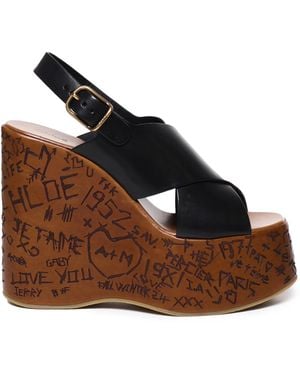 Chloé Leather Wedge Sandals With Straps - Brown