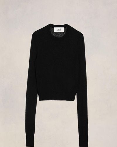 Ami Paris Boucle Crewneck Cropped Sweater - Black