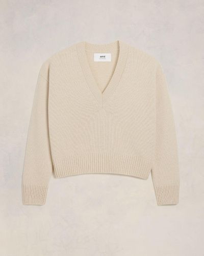 Ami Paris Cropped V Neck Sweater - Natural