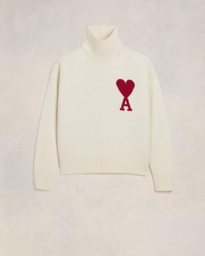 Ami Paris Red Ami De Coeur Sweater - Natural