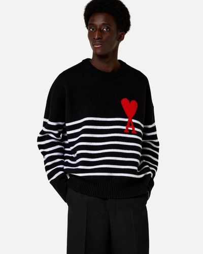 Ami Paris Ami De Coeur Striped Oversize Sweater - Black