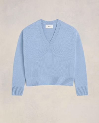 Ami Paris Cropped V Neck Sweater - Blue