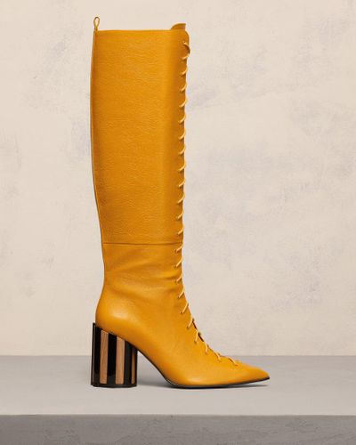 Ami Paris Pointed Toe Lace-Up Knee High Boots - Yellow