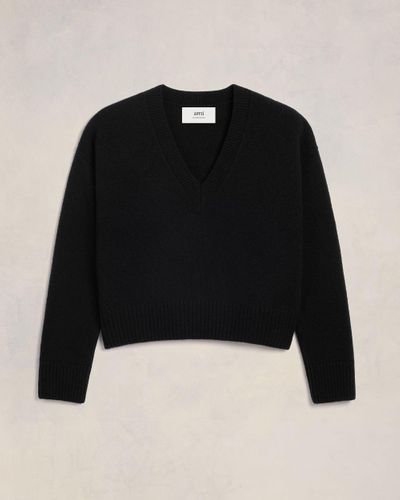 Ami Paris Cropped V Neck Sweater - Black