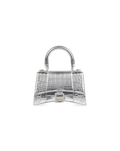 Balenciaga Hourglass xs handtasche in metallic-optik mit krokodilprägung und strasssteinen - Weiß