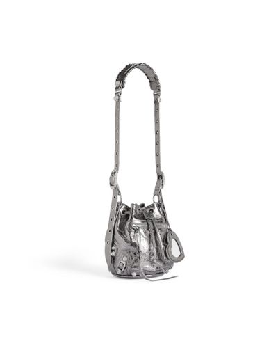 Balenciaga Le Cagole Xs Bucket Bag Metallized With Rhinestones - White