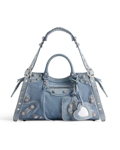 Balenciaga Neo cagole city handtasche aus denim mit strasssteinen - Blau