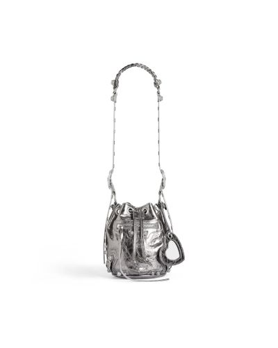 Balenciaga Le Cagole Xs Bucket Bag Metallized With Rhinestones - White