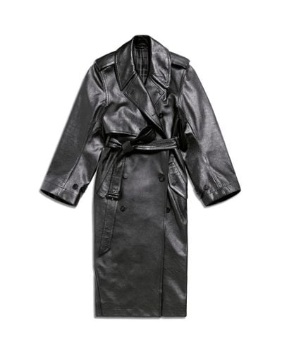 Balenciaga Belted Leather Trench Coat - Black
