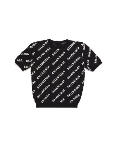 Balenciaga Mini Allover Logo Crop Short Sleeve Jumper - Black