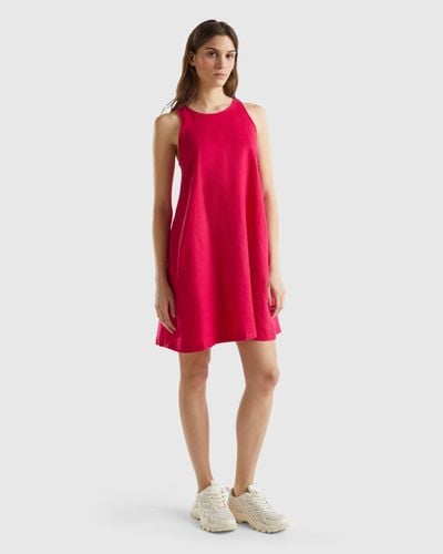 Benetton Sleeveless Dress In Pure Linen - Red