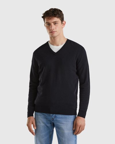 Benetton Pull Noir Col En V En Pure Laine Mérinos