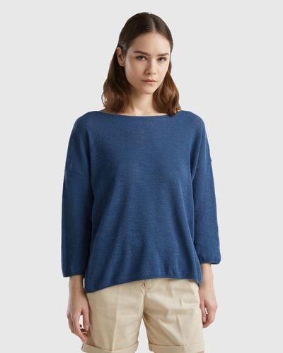 Benetton Jumper In Linen Blend With 3/4 Sleeves - Blue