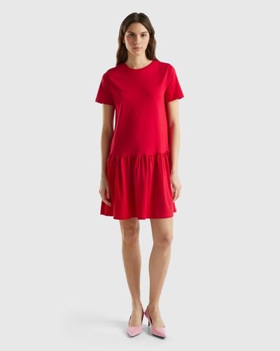Benetton Short Dress In Long Fibre Cotton - Red