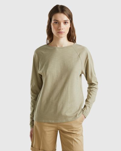 Benetton Long Sleeve T-shirt In Light Cotton - Natural