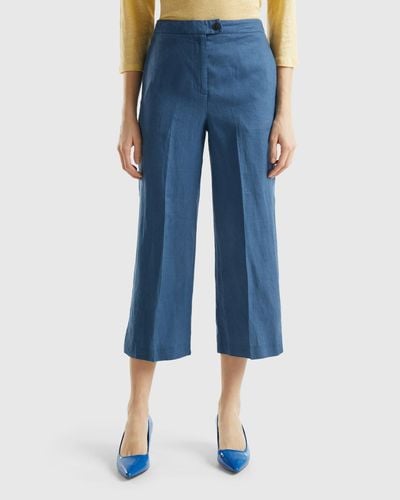 Benetton Cropped Trousers In Pure Linen - Blue
