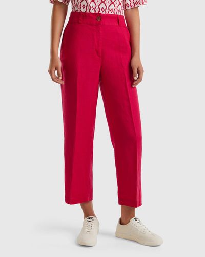 Benetton Straight Trousers In Pure Linen - Red