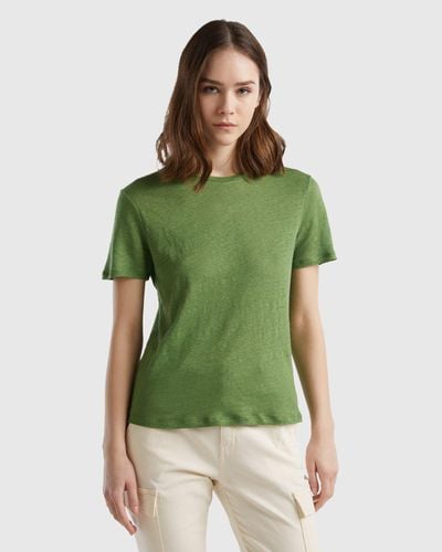Benetton Crew Neck T-shirt In Pure Linen - Green