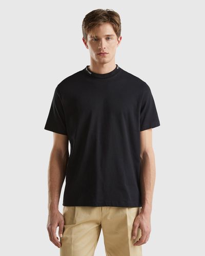 Benetton Black T-shirt With Embroidery On The Neck