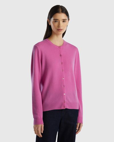 Benetton Gilet Rose Foncé À Col Rond En Pure Laine Mérinos