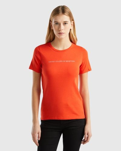 Benetton Camiseta De 100 % Algodón Con Estampado De Logotipo Con Glitter - Rojo