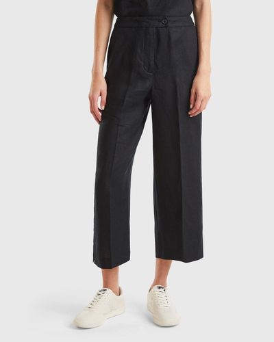 Benetton Cropped Trousers In Pure Linen - Black