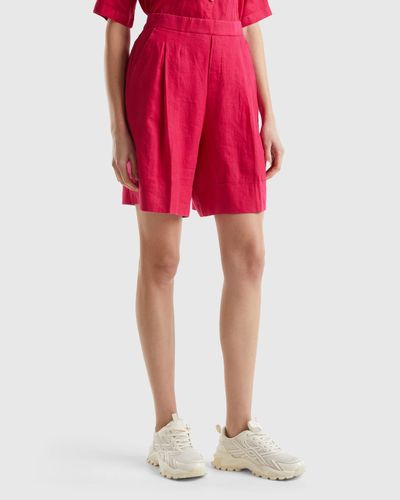 Benetton Bermudas De 100 % Lino Con Vuelta - Rojo