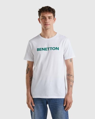 Benetton T-shirt Bianca In Cotone Bio Con Logo Verde - Nero
