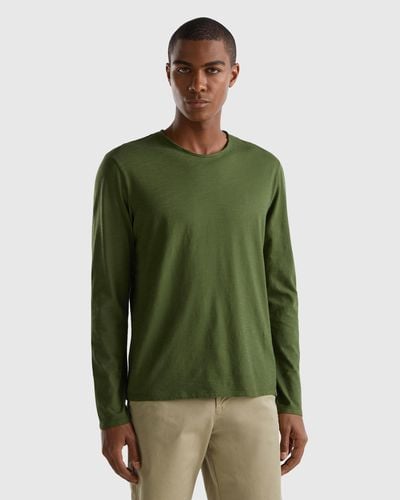 Benetton T-shirt A Manica Lunga In 100% Cotone - Verde