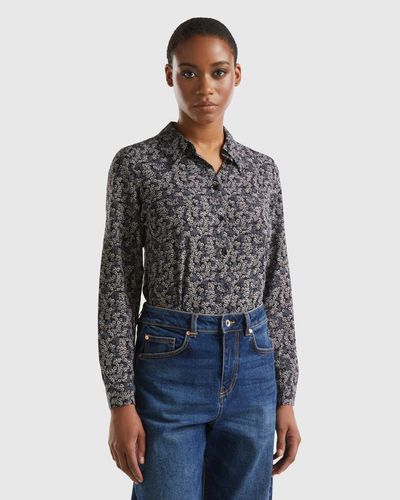 Benetton Patterned Shirt In Sustainable Viscose - Black