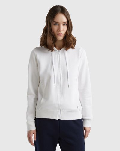 Benetton 100% Cotton Sweatshirt With Zip And Hood - White