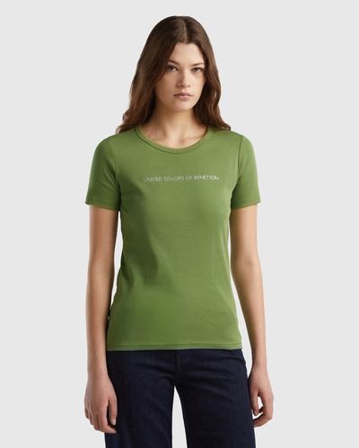 Benetton Camiseta De 100% Algodón Con Estampado De Logotipo Con Glitter - Verde