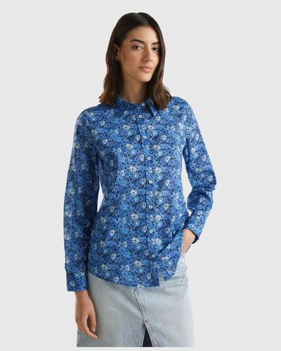 Benetton 100% Cotton Patterned Shirt - Blue