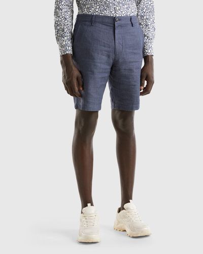 Benetton Striped Shorts In Linen Blend - Black