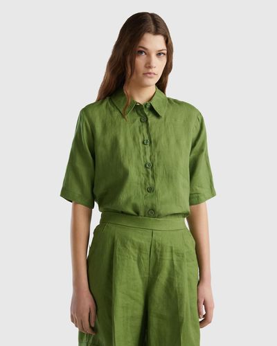 Benetton Short Shirt In Pure Linen - Green