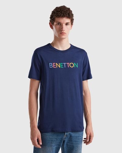 Benetton T-shirt Blu Scuro In Cotone Bio Con Logo Multicolor