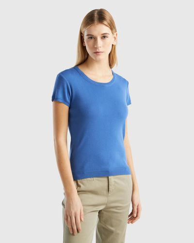 Benetton Maglia A Manica Corta In 100% Cotone - Blu