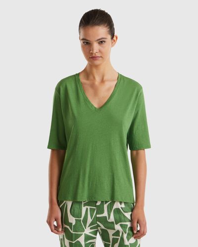 Benetton T-shirt In Cotton And Linen Blend - Green