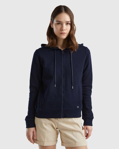 Benetton Sweat Zippé 100 % Coton À Capuche - Bleu