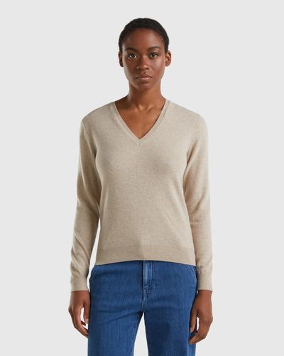 Benetton Pull Beige Avec Col En V En Pure Laine Mérinos - Noir