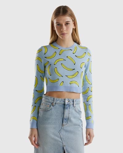 Benetton Light Blue Cropped Jumper With Banana Pattern