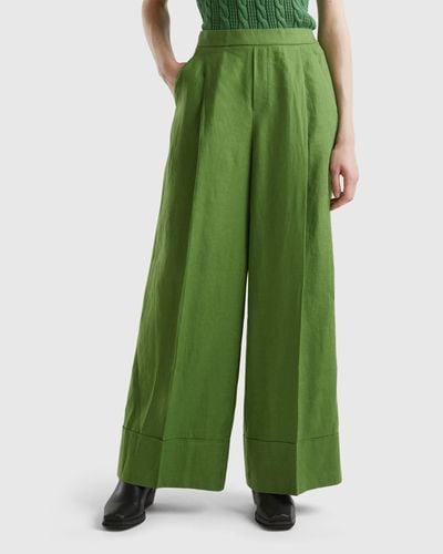 Benetton Palazzo Trousers In 100% Linen - Green