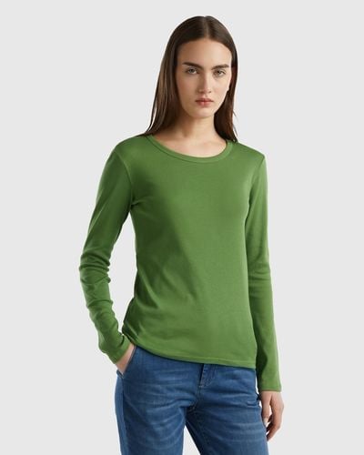 Benetton T-shirt Manches Longues En Pur Coton - Vert