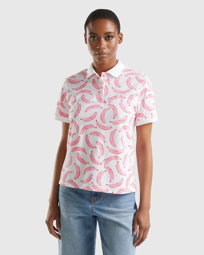 Benetton White Polo With Banana Pattern - Red