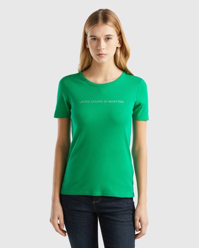 Benetton Camiseta De 100% Algodón Con Estampado De Logotipo Con Glitter - Verde