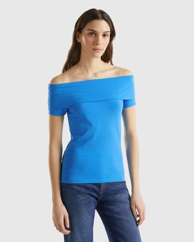 Benetton Slim-fit T-shirt With Bare Shoulders - Blue