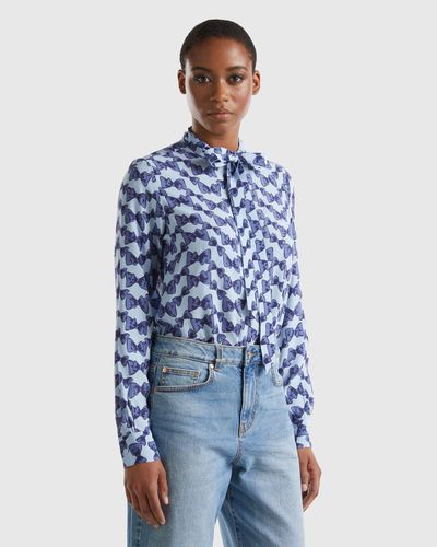 Benetton Flowy Shirt With Bow Print - Blue