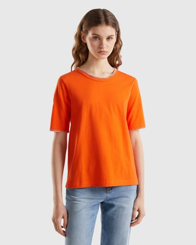 Benetton Camiseta De Algodón Con Cuello Redondo - Naranja