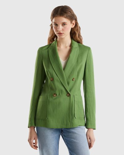 Benetton Double-breasted Blazer In Sustainable Viscose Blend - Green