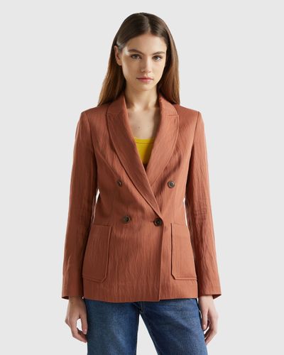Benetton Double-breasted Blazer In Sustainable Viscose Blend - Blue